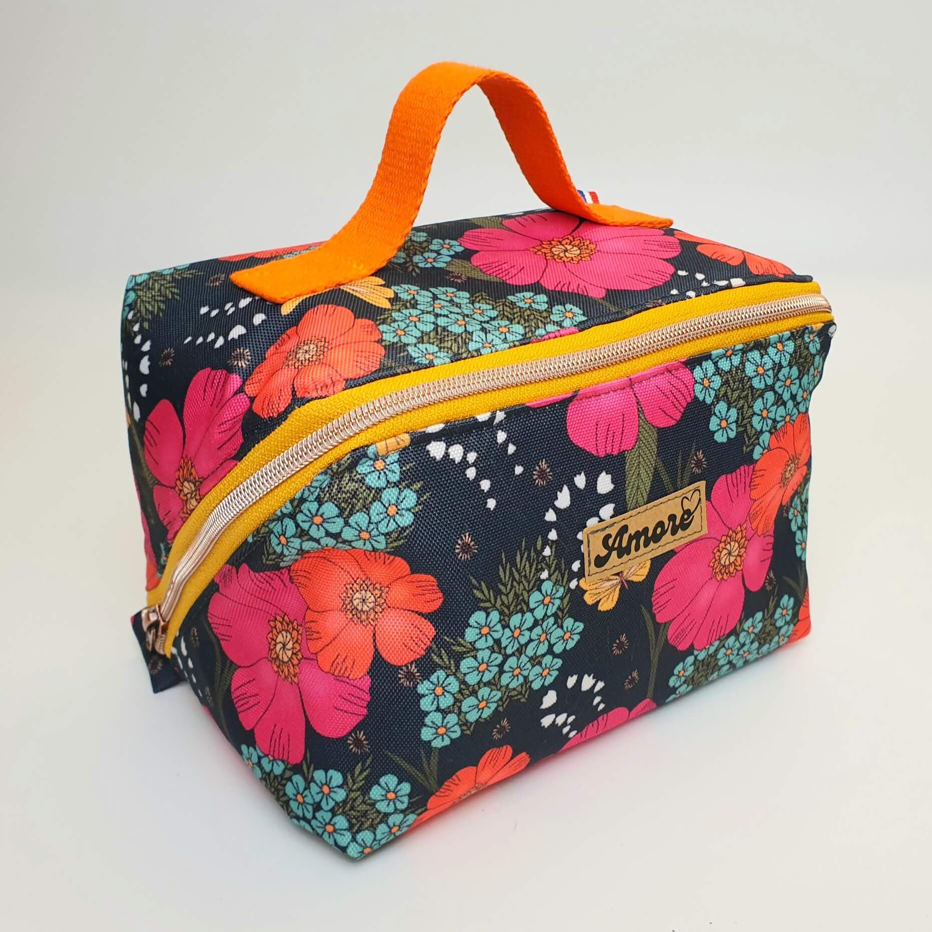 Trousse cosmétique grande ouverture Fleuri orange & vert profil