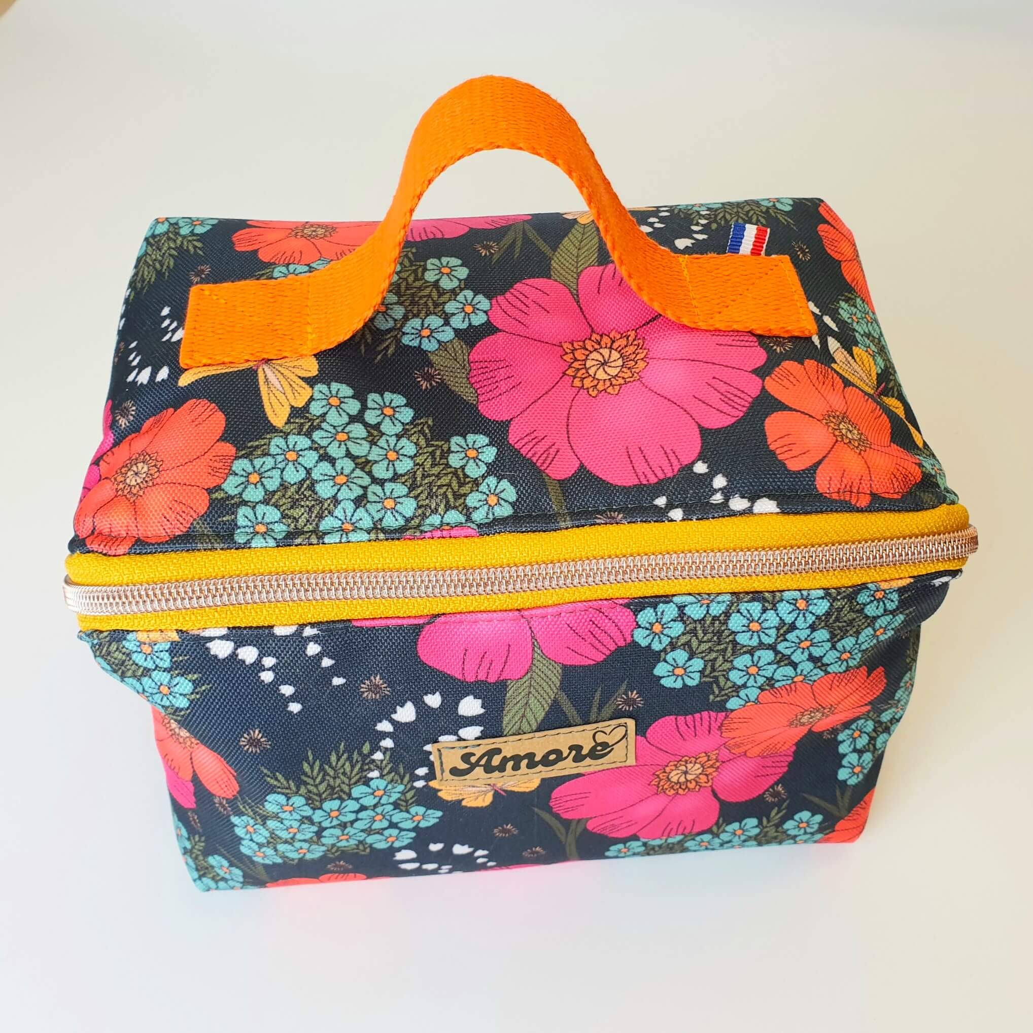 Trousse cosmétique grande ouverture Fleuri orange & vert