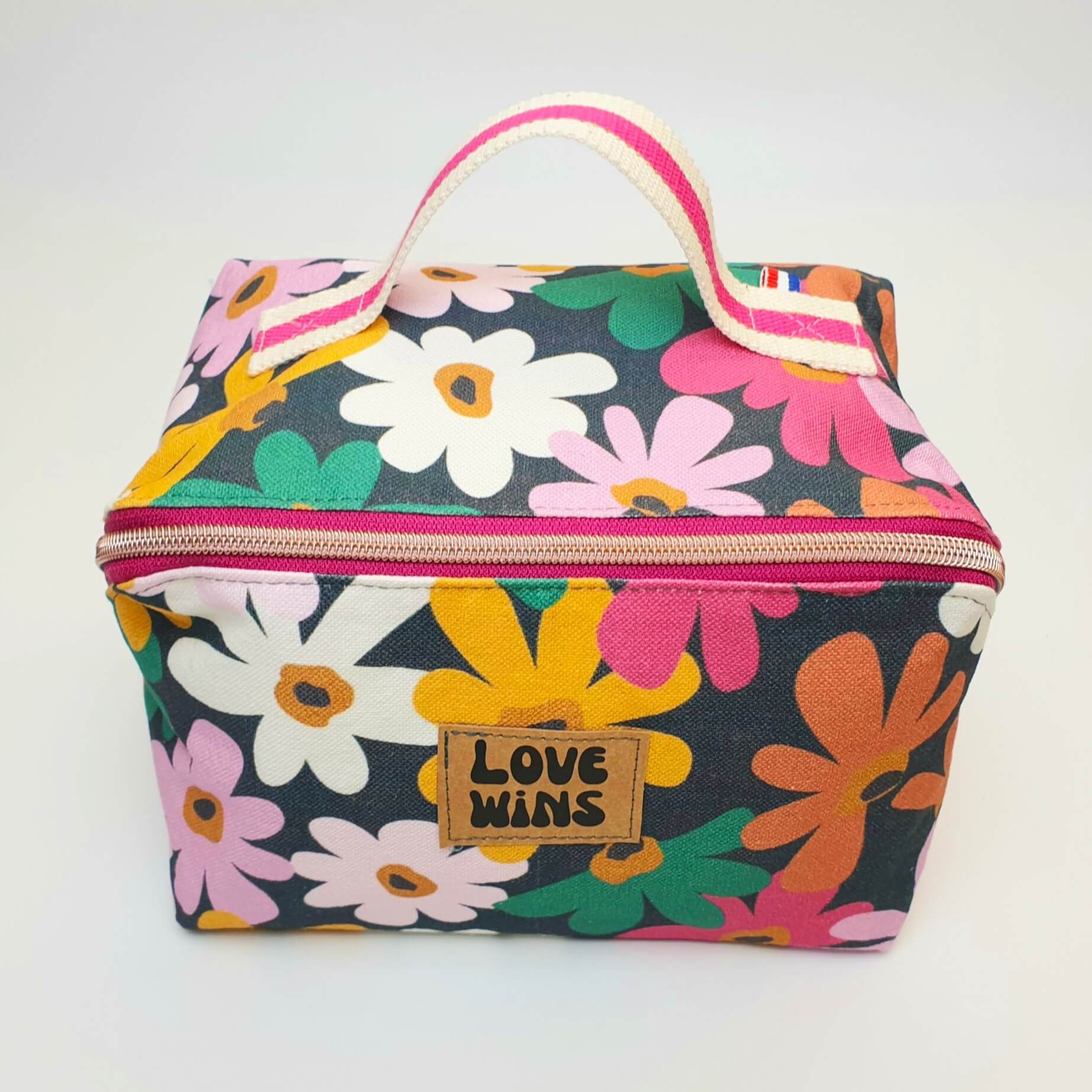 Trousse cosmétique grande ouverture Fleuri rose & vert face