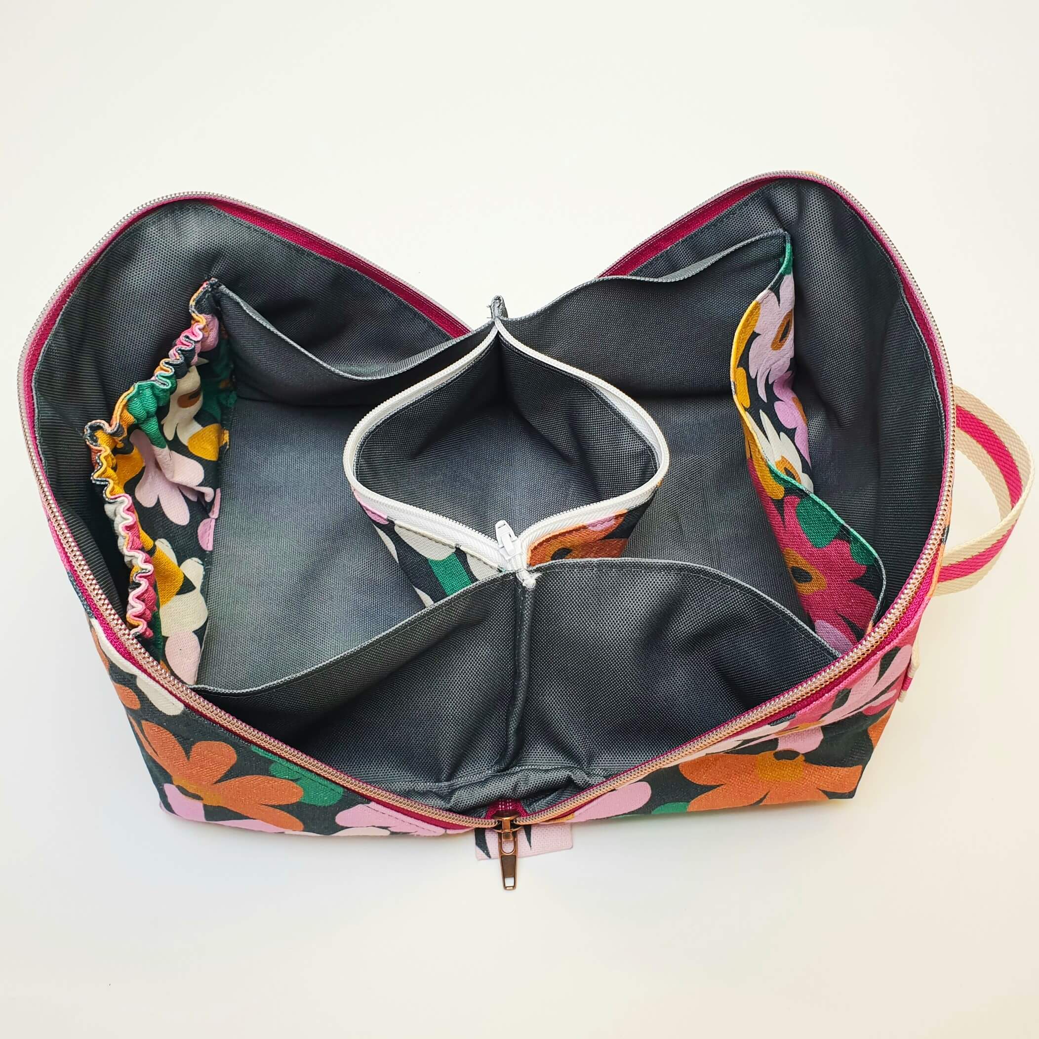 Trousse cosmétique grande ouverture Fleuri rose & vert intérieur