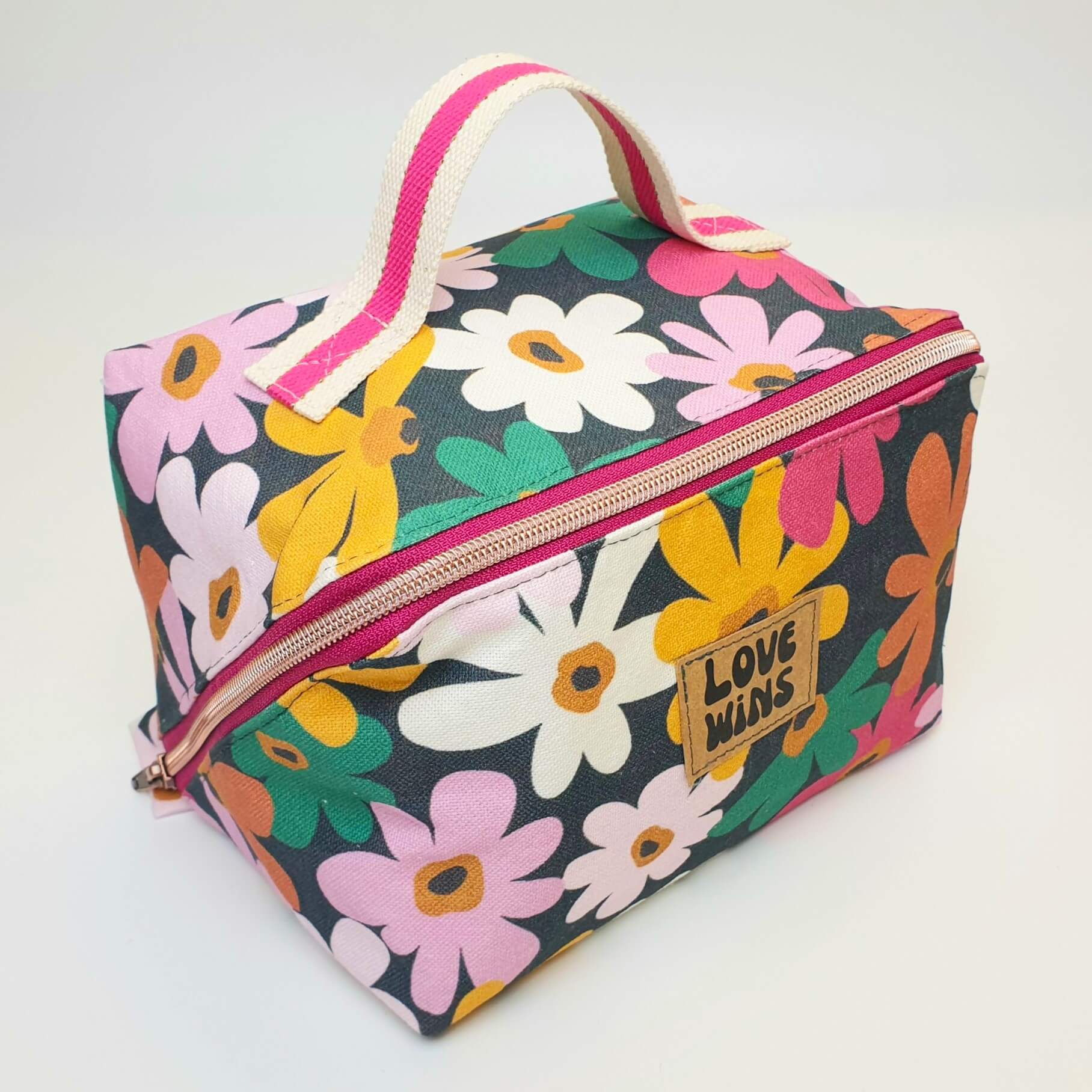 Trousse cosmétique grande ouverture Fleuri rose & vert profil