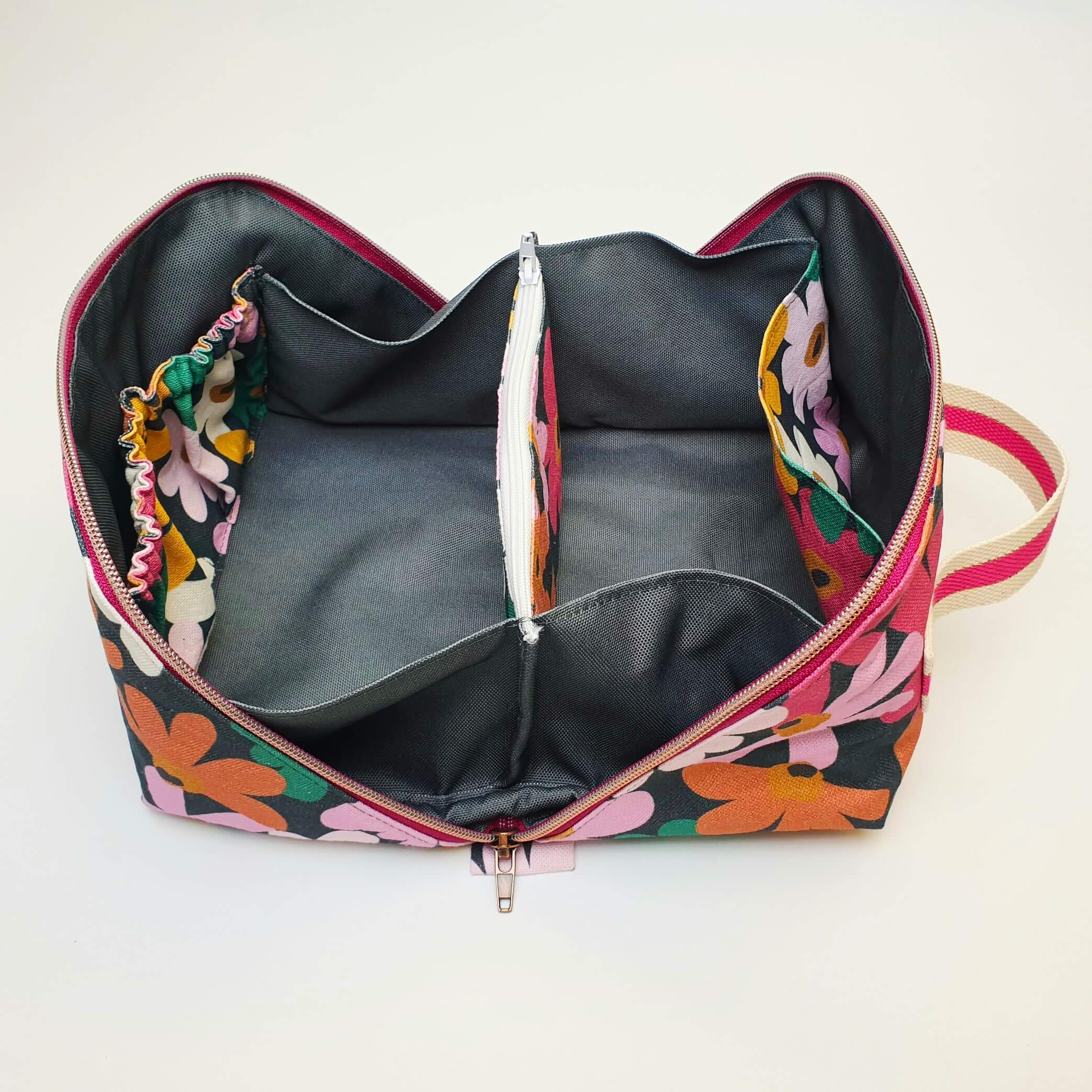 Trousse cosmétique grande ouverture Fleuri rose & vert