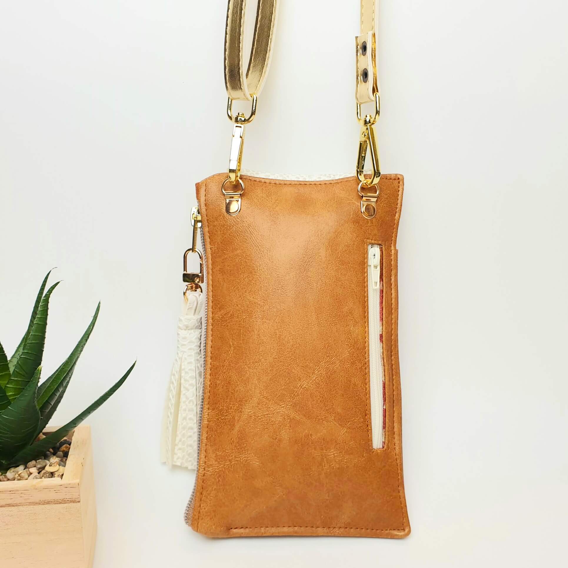 Pochette téléphone Dragon blanc & Simili camel dos