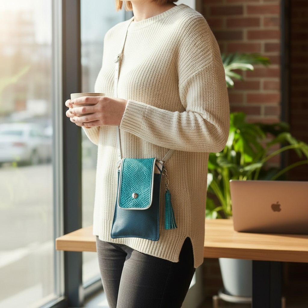 Pochette téléphone Dragon turquoise & Suédine bleu (Product Staging)
