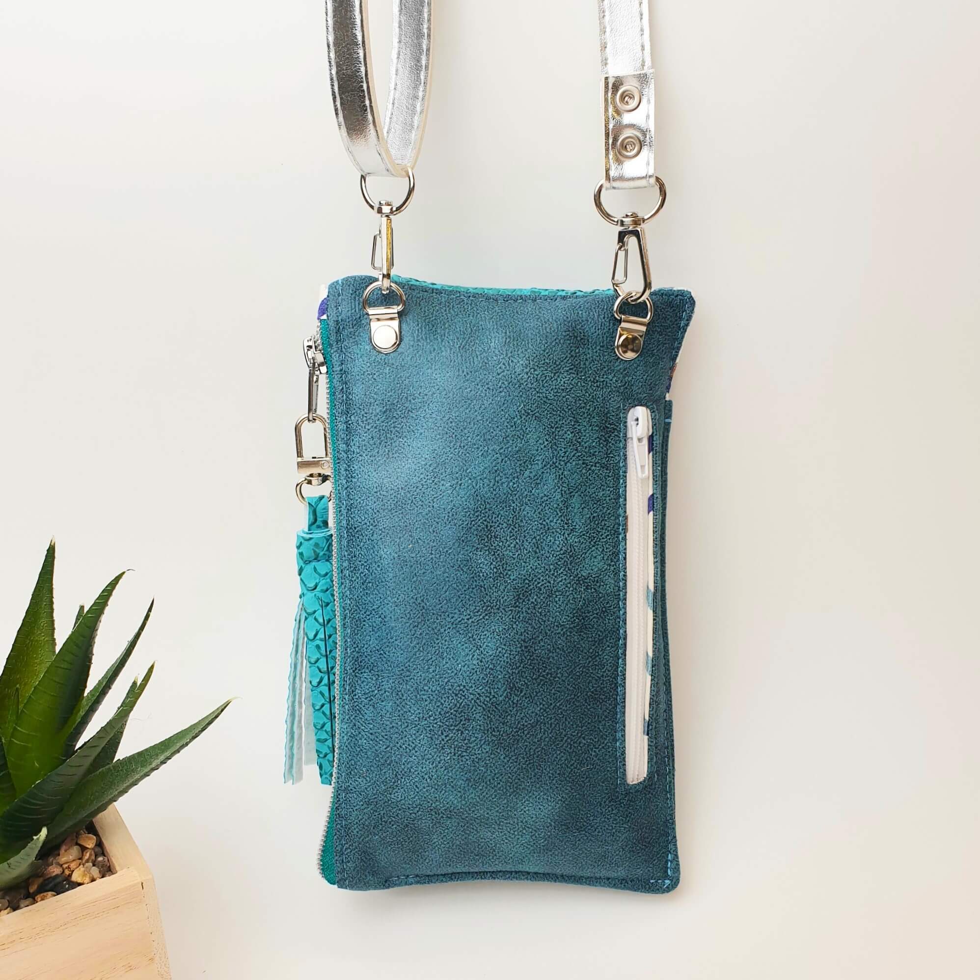 Pochette téléphone Dragon turquoise & Suédine bleu dos