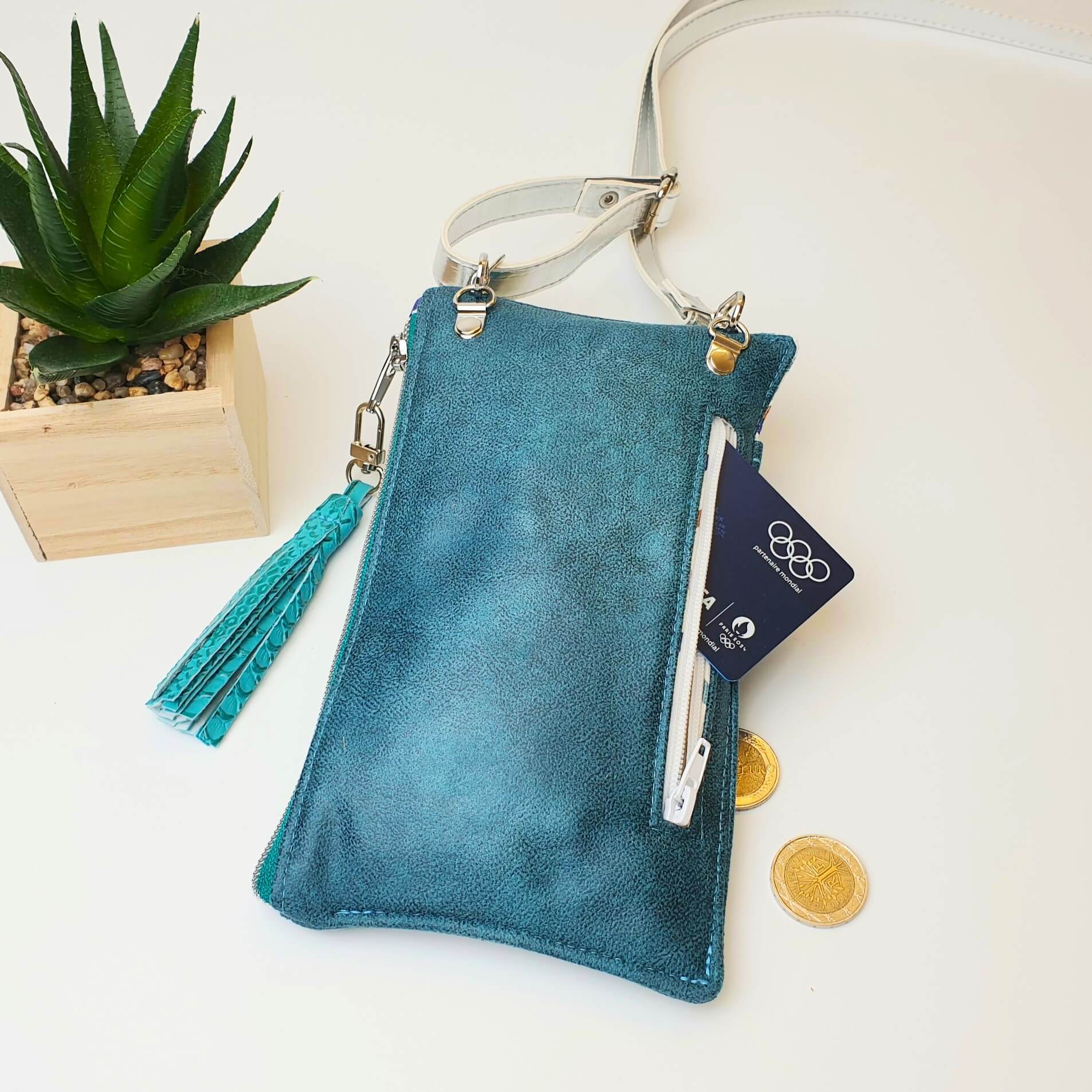 Pochette téléphone Dragon turquoise & Suédine bleu porte monnaie