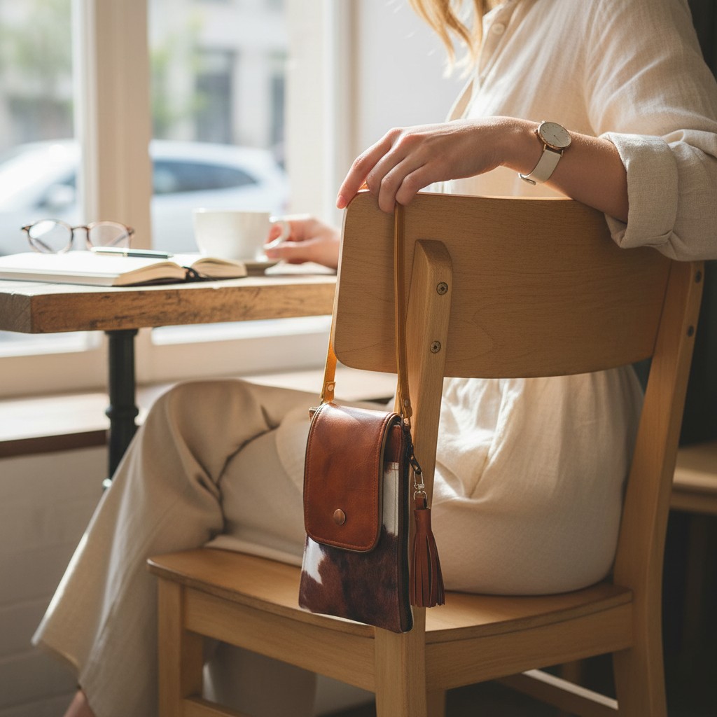 Pochette téléphone peau de bête & simili cuir marron (Product Staging)