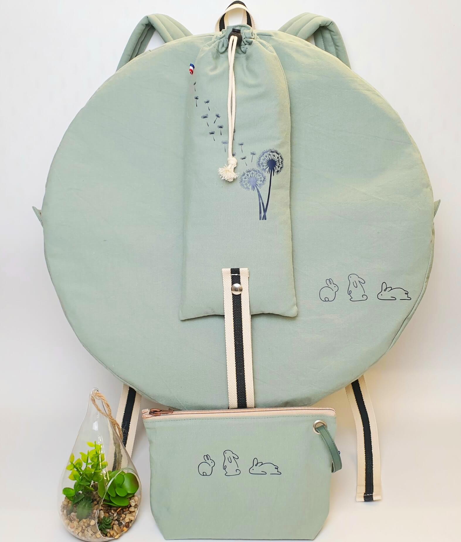 Sac à dos pour tambour chamanique 46cm toile de coton vert d'eau