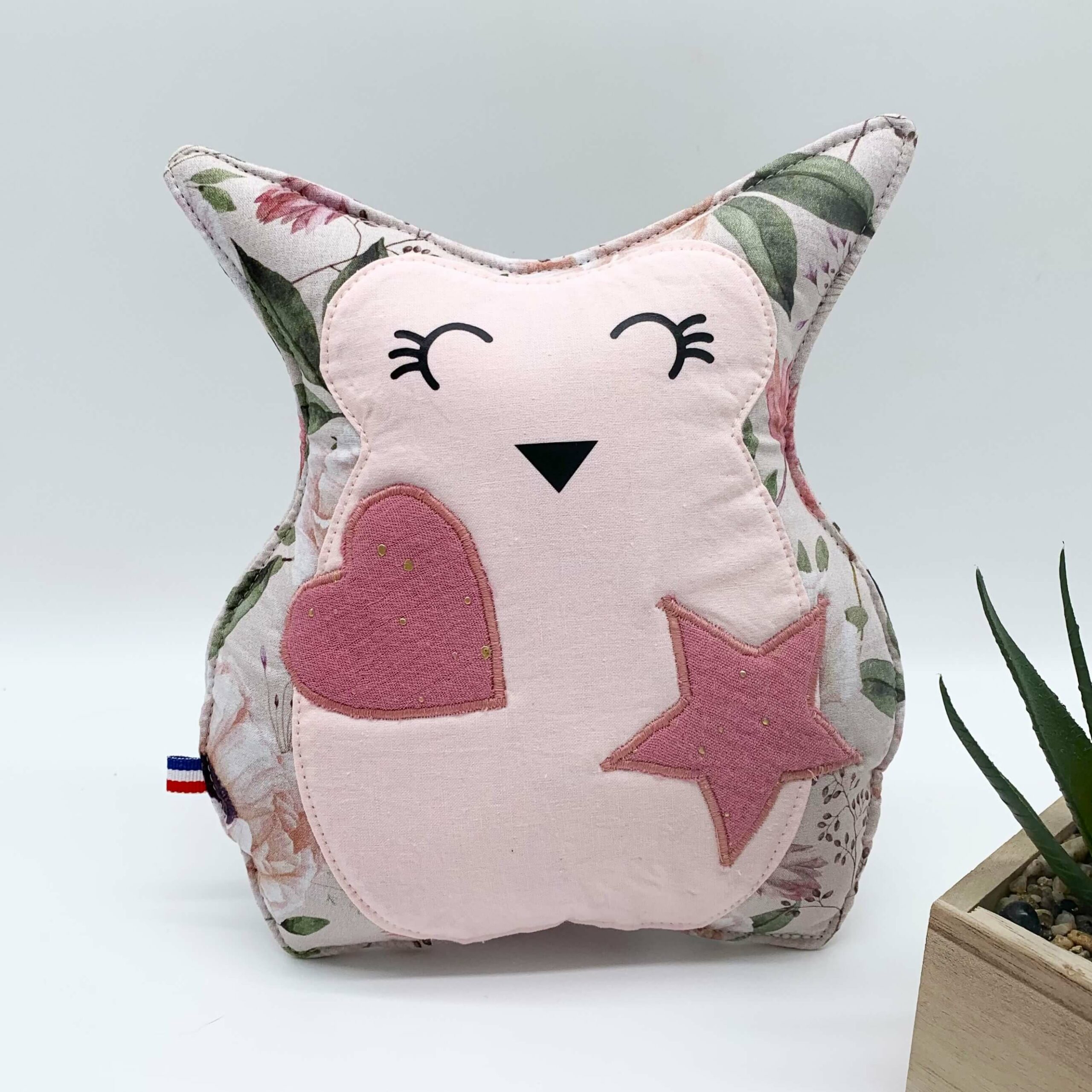 Doudou hibou rose face