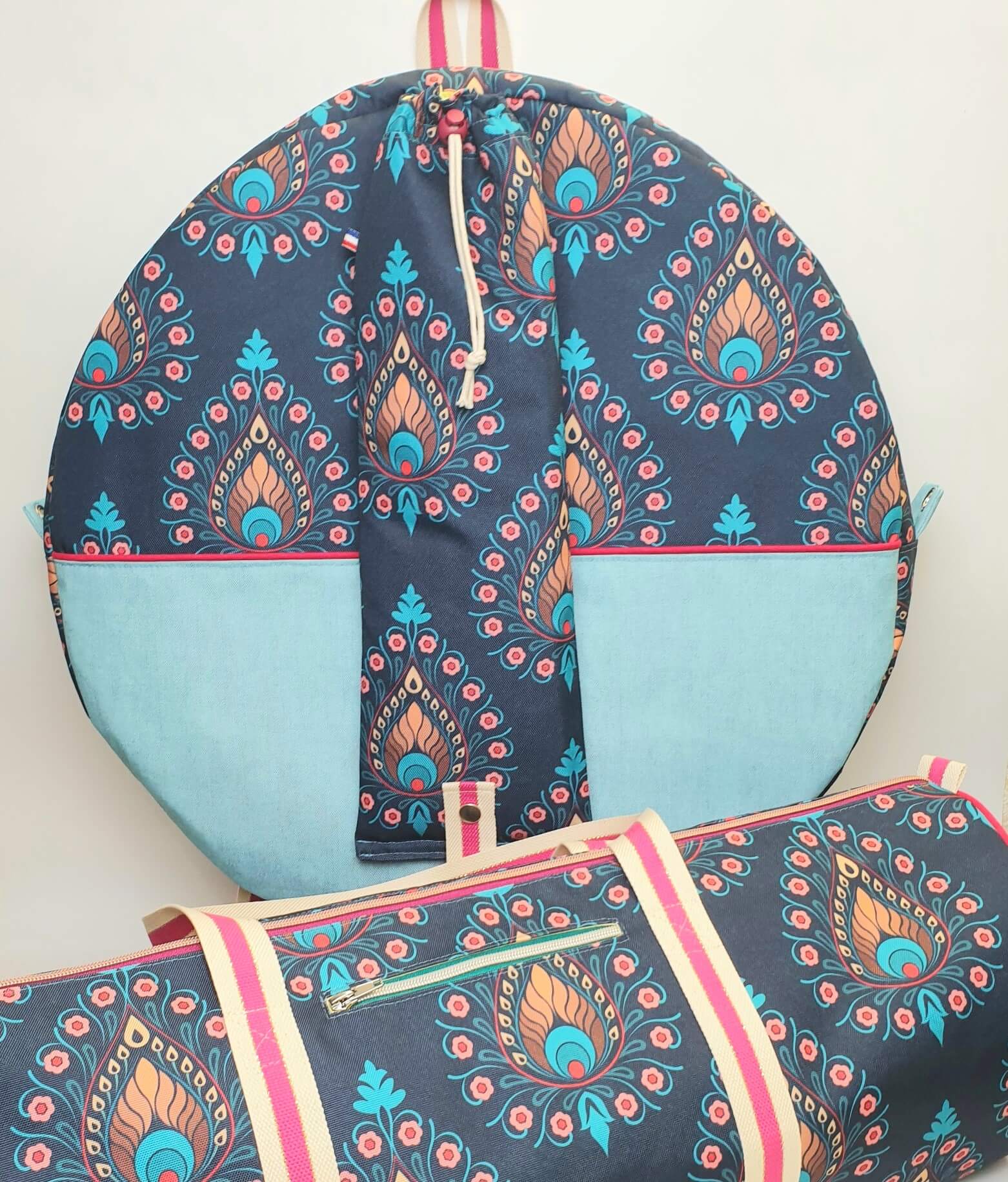Sac à dos pour tambour chamanique 50cm bleu paon + tapis de sol