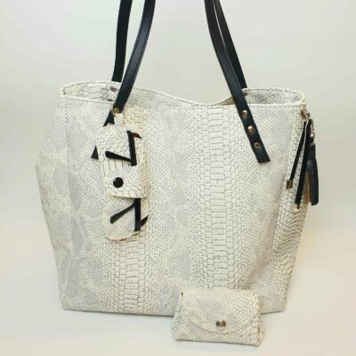 Grand sac cabas artisanal imprimé reptile blanc par Éliléa."