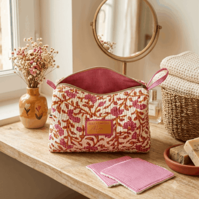Trousse de toilette Matelassée rayure rose sdb
