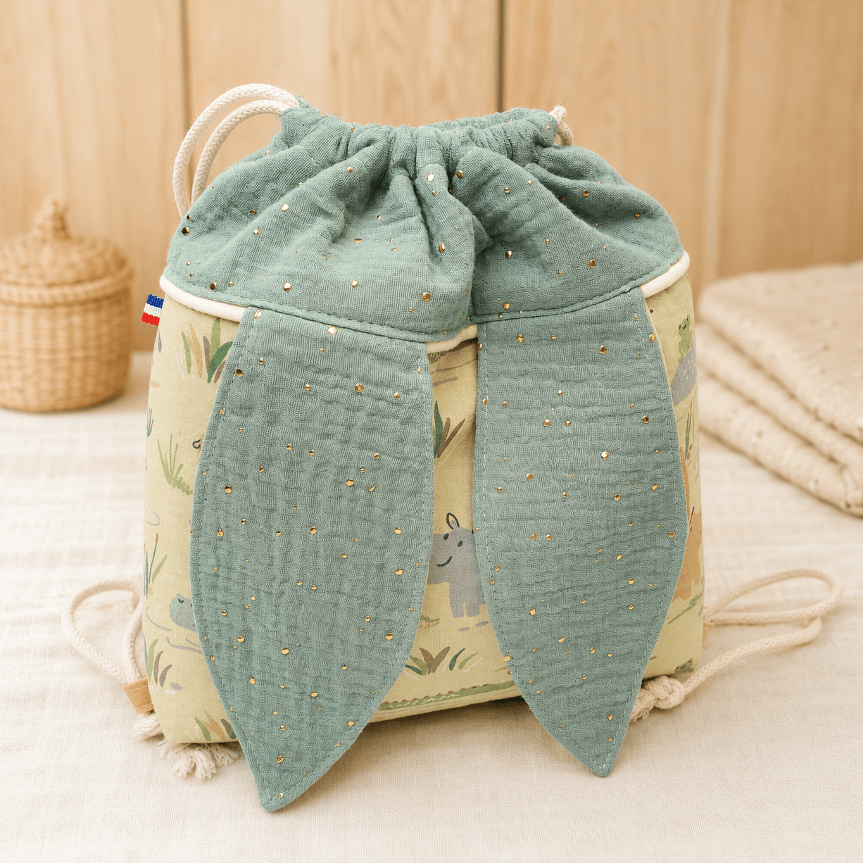 Sac à dos lapin sur-mesure vert d'eau & doré