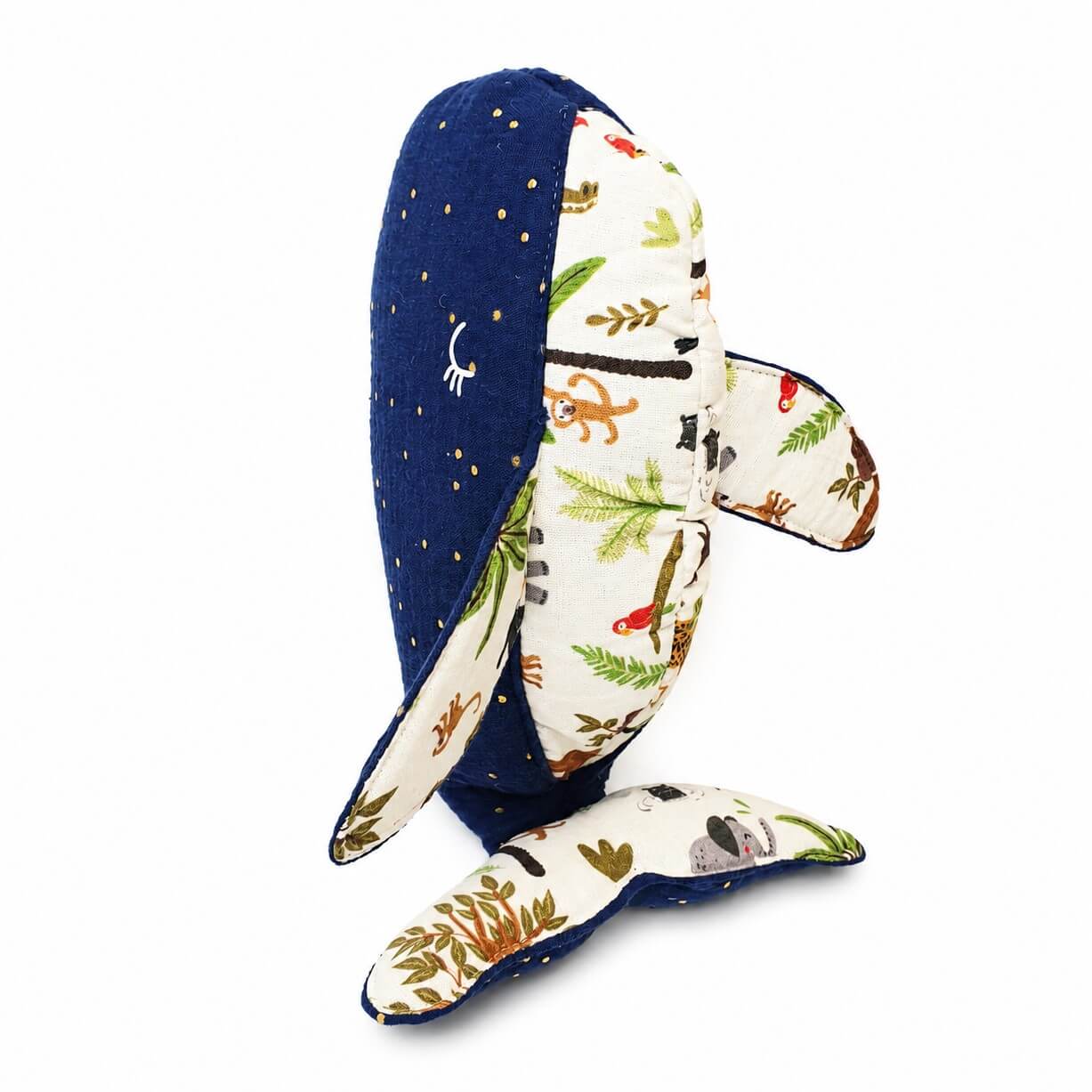 Doudou baleine double gaze marine & doré doublure