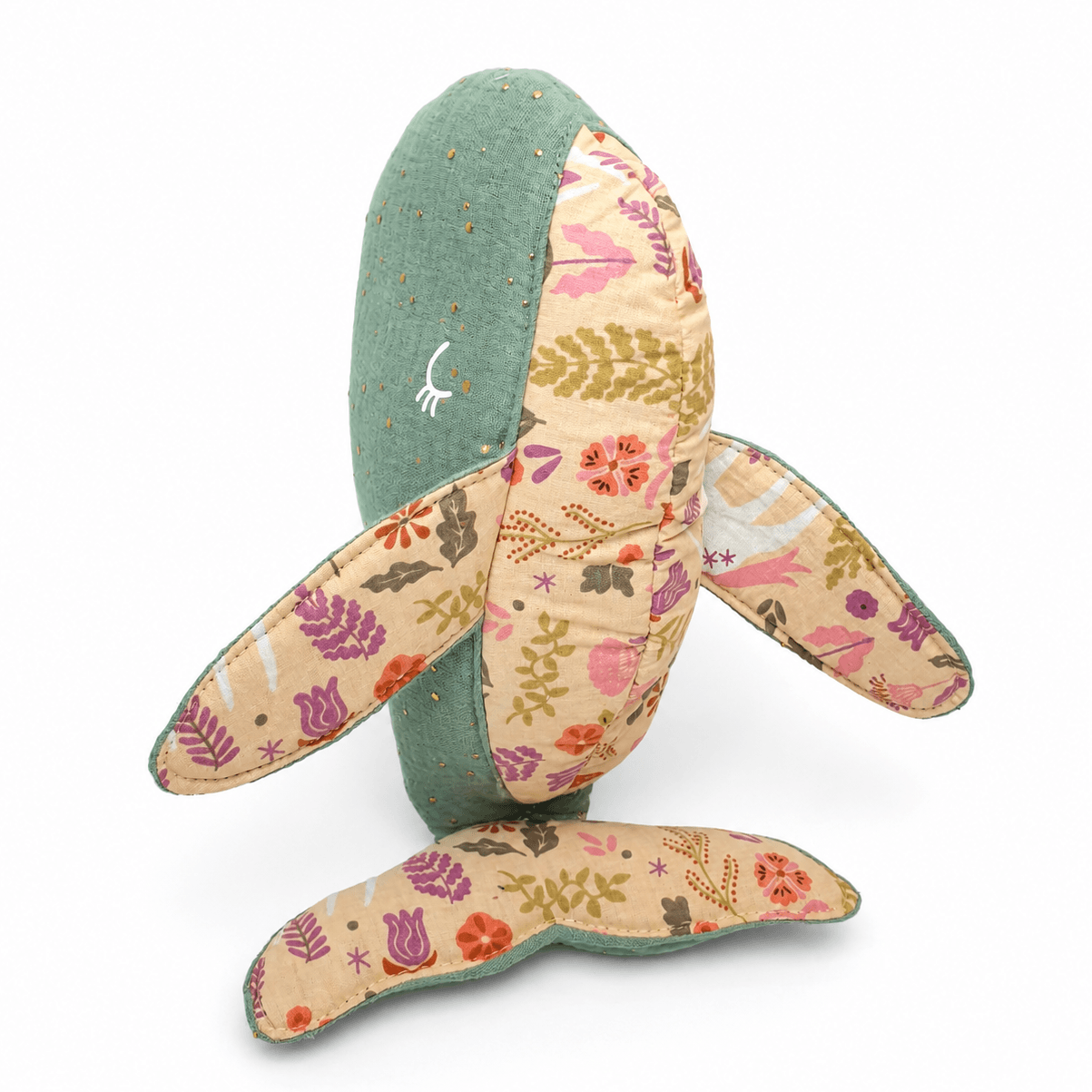 Doudou baleine double gaze vert & doré doublure
