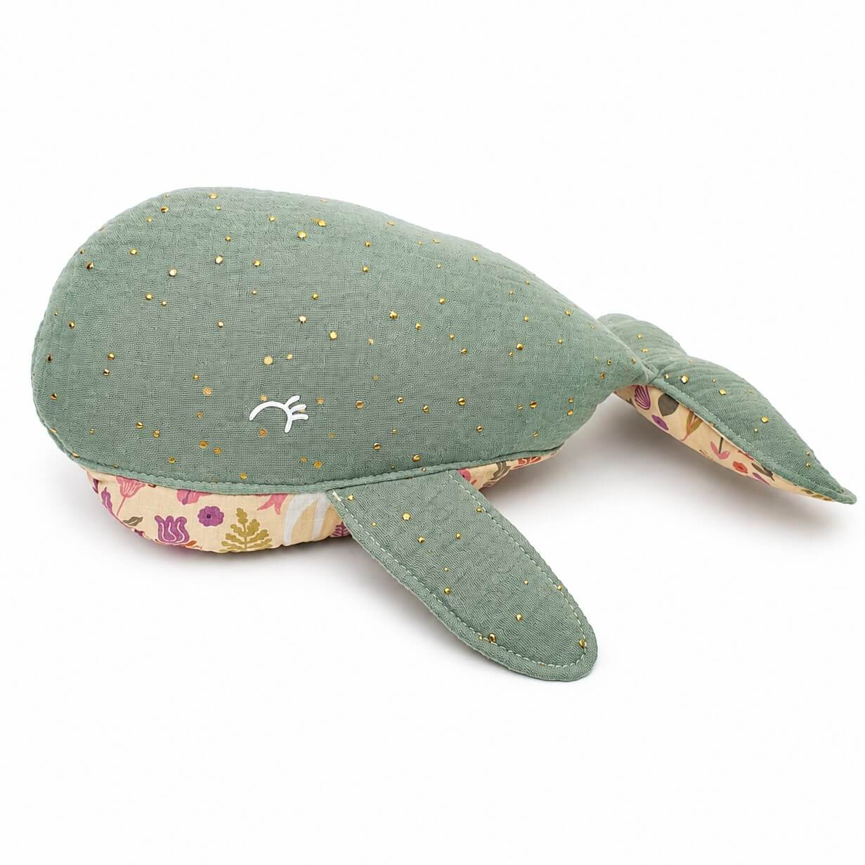 Doudou baleine double gaze vert & doré