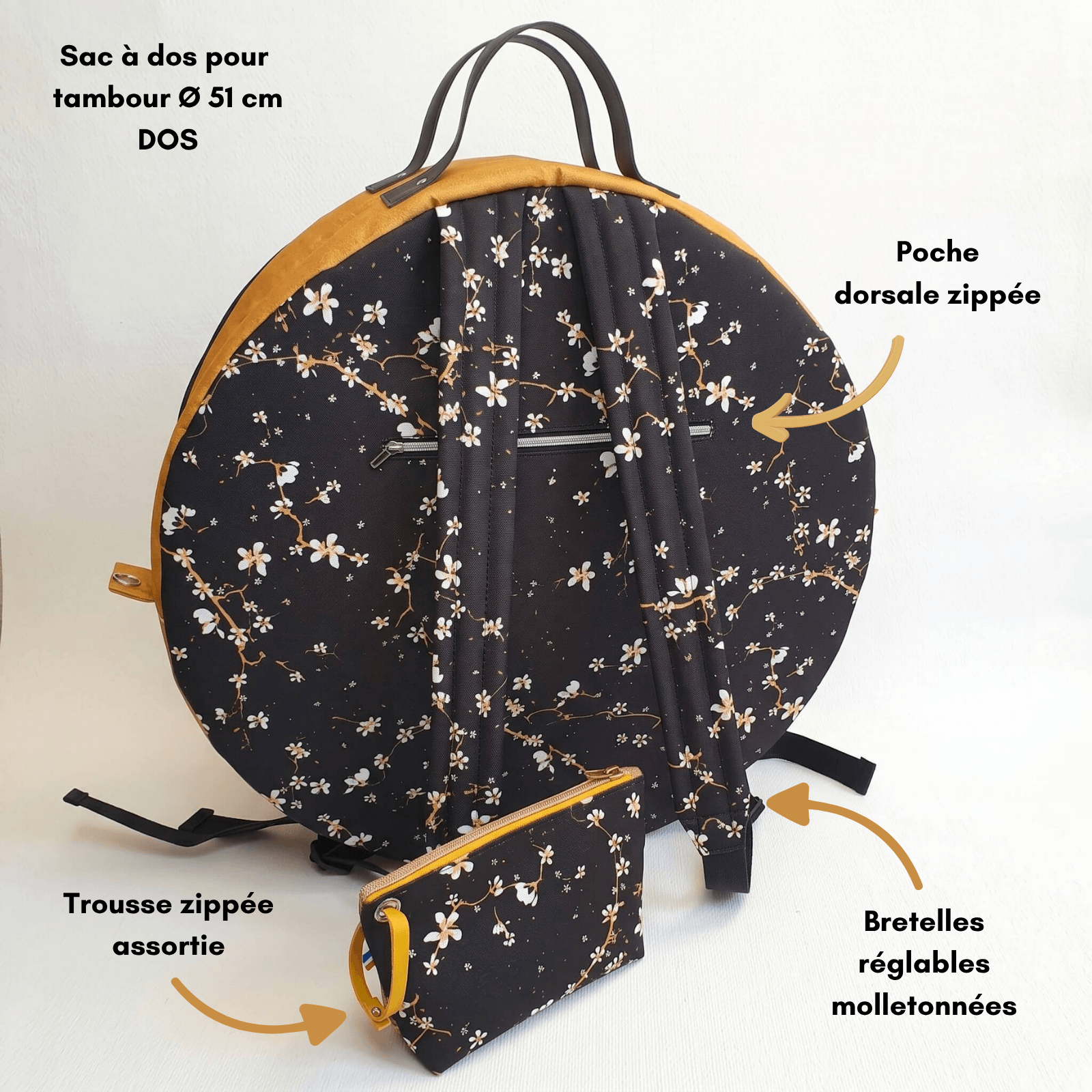 Sac à dos pour tambour chamanique 51cm fleurs dos détail