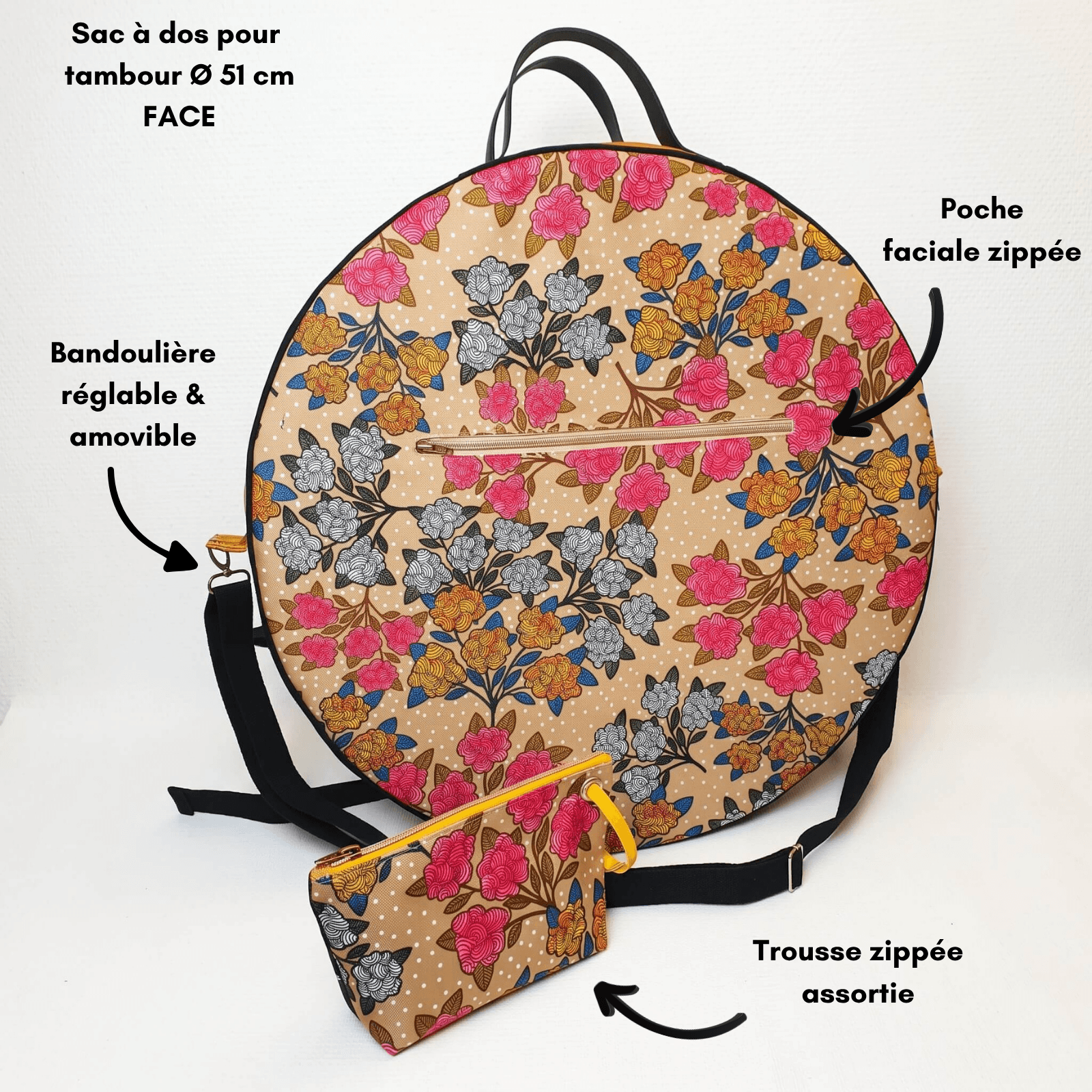 Sac à dos pour tambour chamanique 51cm fleurs face détail